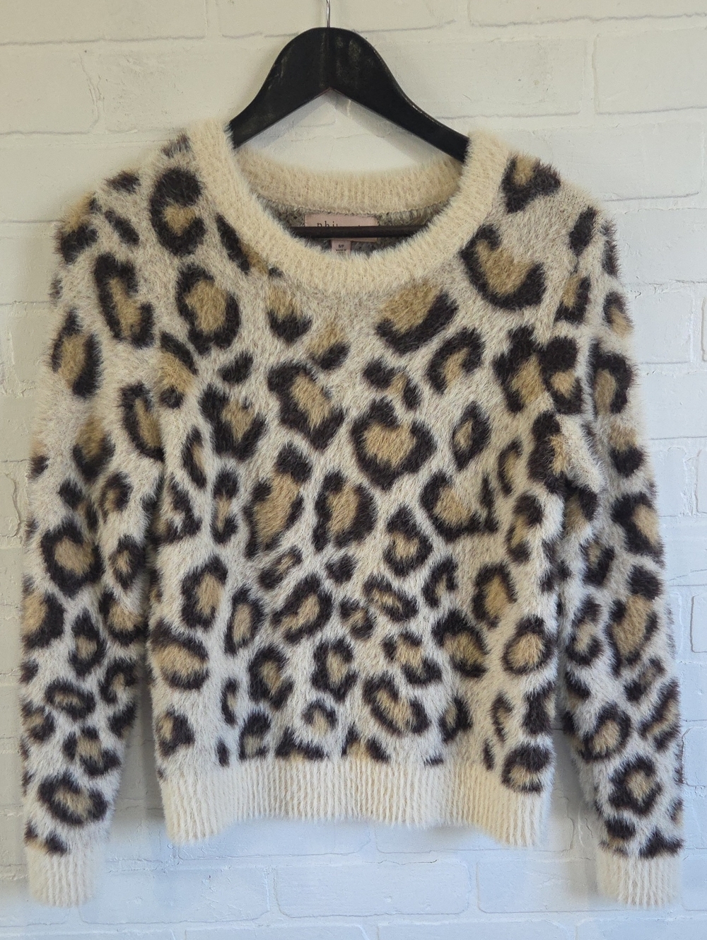 Philosophy Fuzzy Leopard Print Crewneck Sweater - Cream/Tan/Black